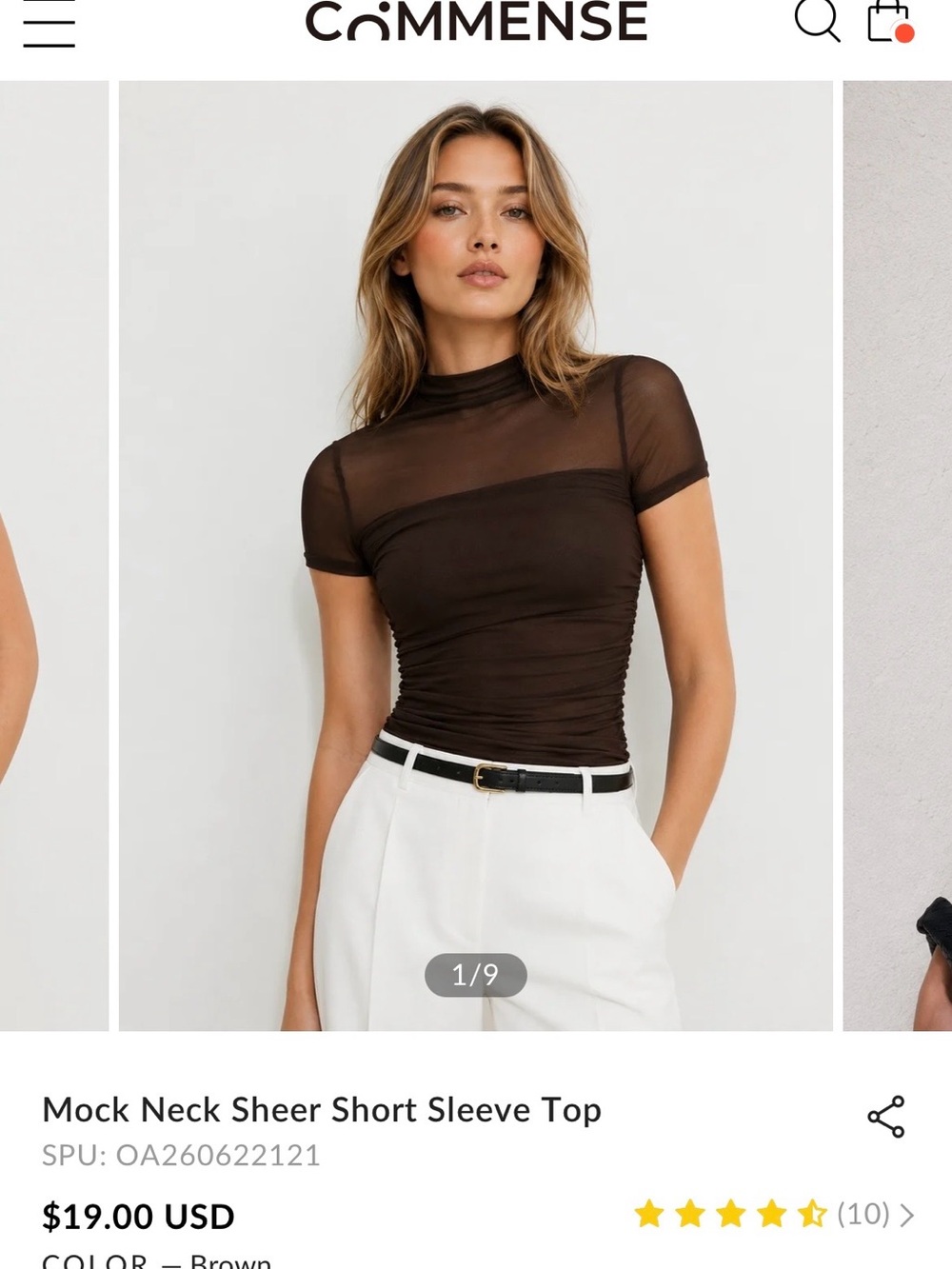 Commense Brown Sheer Mock Neck Short Sleeve Top